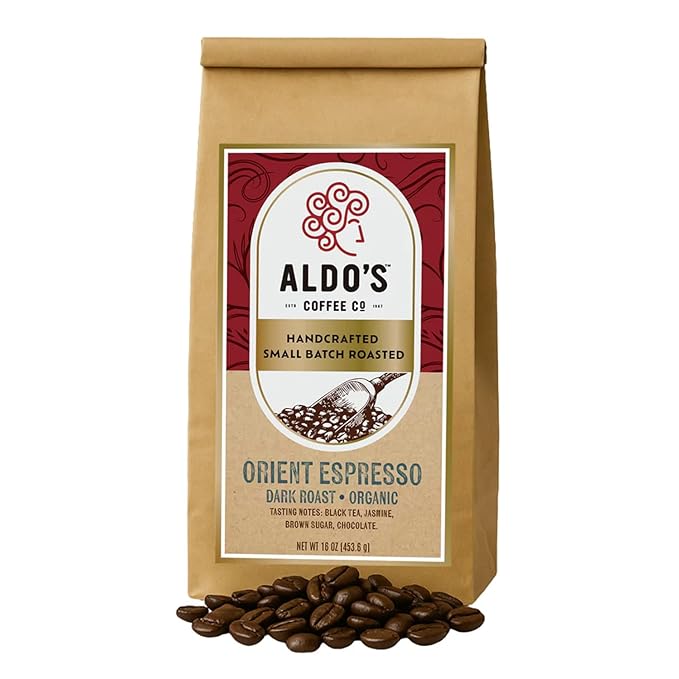 Aldo’s Orient Espresso – Organic Handcrafted Coffee Beans Signature Dark Roast Espresso Blend Small-Batch Artisan Roasted Bold Smooth Low-Acid Coffee (16 oz) (Medium Ground)