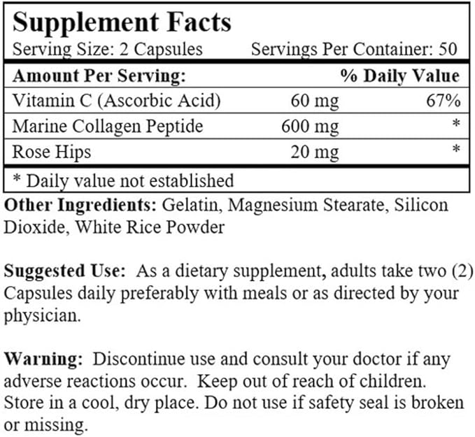 Nu-Health Marine Collagen Peptides | Collagen Supplements for Women with Vitamin C &amp Rose Hips | Hydrolyzed Marine Collagen Capsules | Skin Hair &amp Nails Support | 100 Capsules