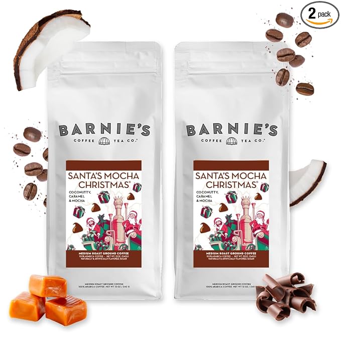 Barnie's Coffee Santa's Mocha Christmas Ground Coffee with Coconutty Caramel Mocha Flavor Medium Roasted Arabica Coffee Beans 12 oz Bag (Pack of 2)