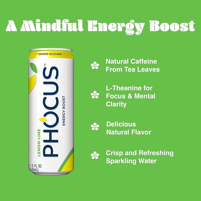 PHOCUS Caffeinated Sparkling Water Lemon Lime 75mg Natural Caffeine Plus L-Theanine Zero Sugar Zero Calories No Artificial Sweeteners 11.5 fl oz Cans (Pack of 12)