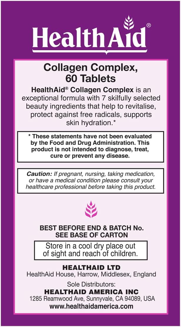 HealthAid Collagen Complex – Marine Hydrolyzed Collagen with Hyaluronic Acid Vitamins C &amp E and Zinc | 60 Tablets (2 Daily) to Support Skin Hydration &amp Elasticity