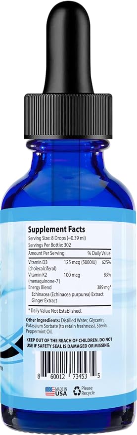 Absonutrix Vitamin D3 K2 Drops 390mg 4 Oz Liquid 302 Servings Made in USA Quick Absorption Quality Potent Ingredients Non-GMO GMP Certified Cruelty-Free Products Bone Strength Supplements