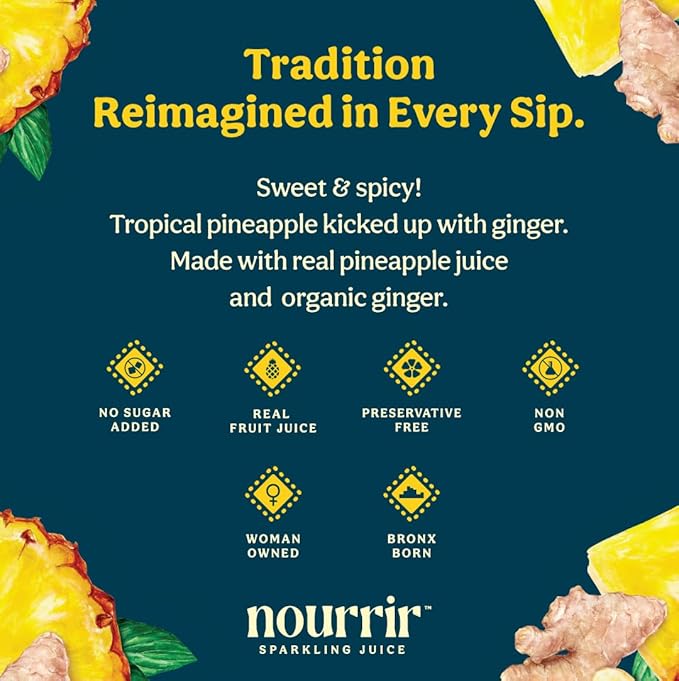 Nourrir Sparkling Pineapple Ginger Juice Real Fruit Tropical Zest &amp Spiced Warmth Non-GMO Gluten-Free Non-Alcoholic 90 cals 0g Added Sugar (12-Pack)