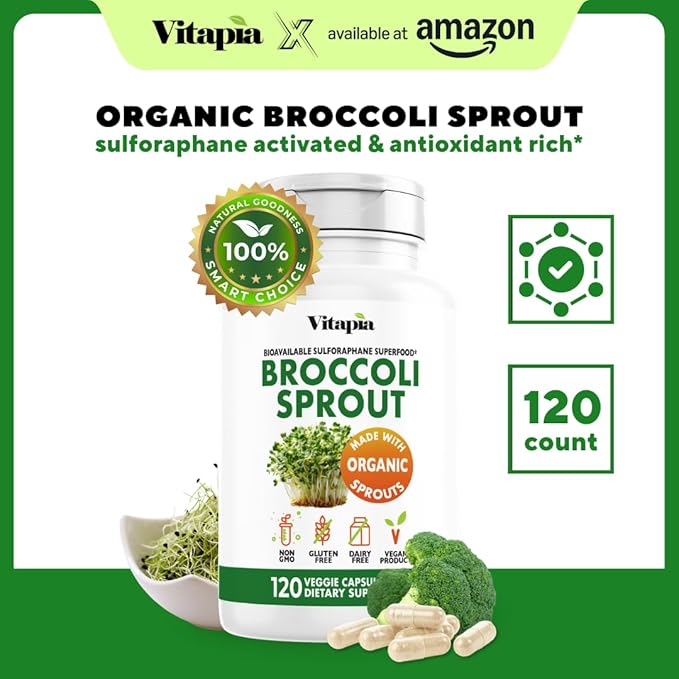 Vitapia Organic Broccoli Sprout &amp Broccoli Extract for Sulforaphane Antioxidant Brain Skin Heart Health Support - 120 Veggie Capsules - Non-GMO Gluten-Free Vegan-Friendly Supplement