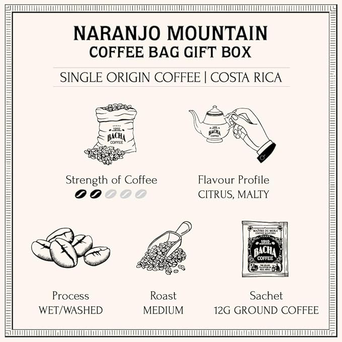 Bacha Coffee | Naranjo Mountain Costa Rica Single Origin Medium Dark Roast 100% Arabica Specialty Coffee 12 Coffee Drip Bags Gift Box