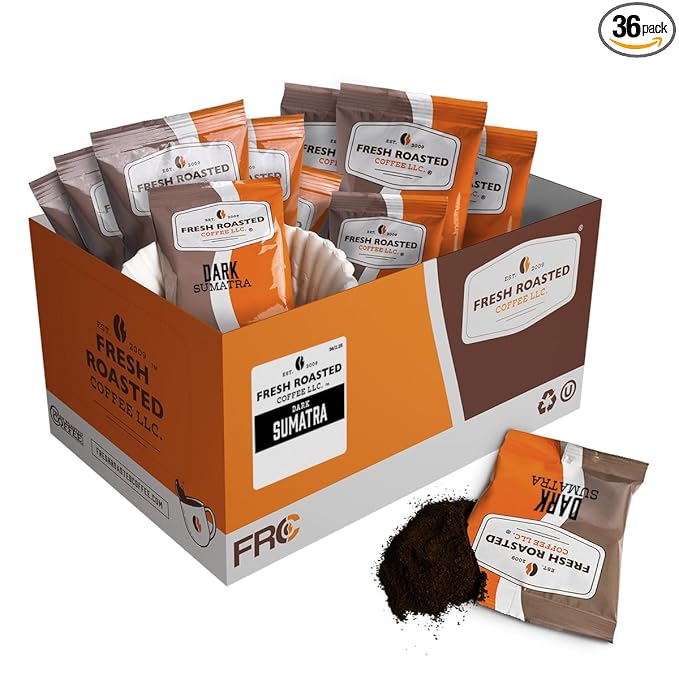 Fresh Roasted Coffee Dark Sumatra Mandheling | Single Origin | Dark Roast | Pre-Ground Fractional Packs 2.25 Ounce 36 Count