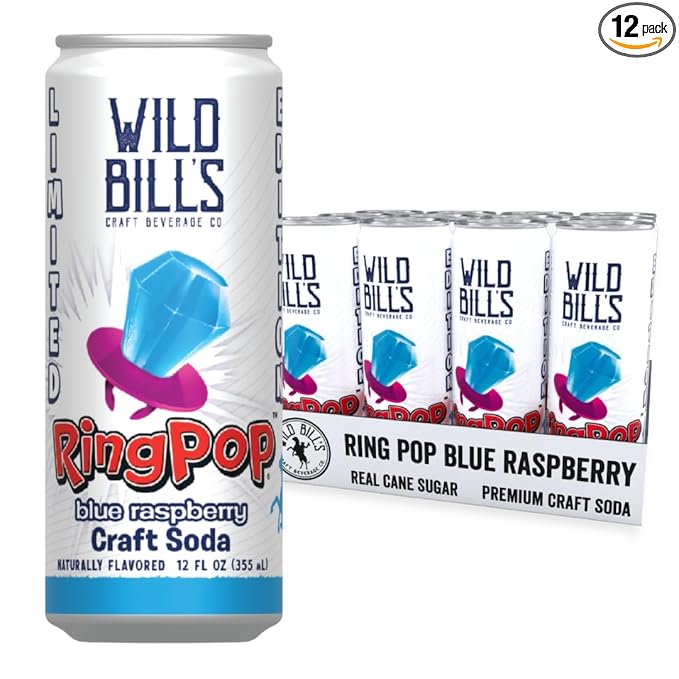 Wild Bill’s Blue Raspberry Ring Pop Craft Soda Pop Soft Drinks – Pure Cane Sugar No HFCS Caffeine Free Vegan Gluten Free Low Sodium Lightly Carbonated - 12 Oz Cans 12 Pack