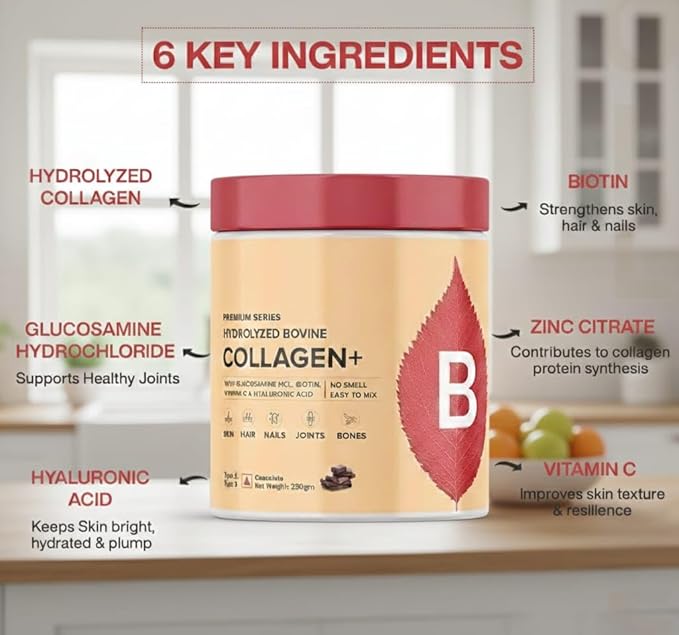 Collagen (250gm Orange) with Biotin Hyaluronic Acid Zinc Vitamin C &amp Glucosamine | for Skin Hair Nails &amp Joints