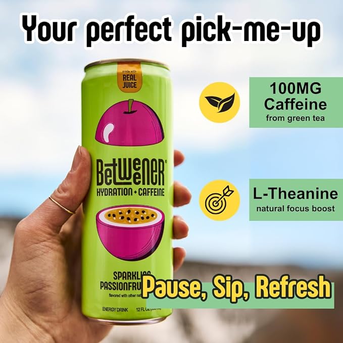 Betweener Sparkling Energy Seltzer Sparkling Water w/Real Juice &amp 100mg Caffeine Light &amp Refreshing L-Theanine for Focus Vitamins B+C - Low Sugar - 45 Cals - Variety Pack (12 Pack)