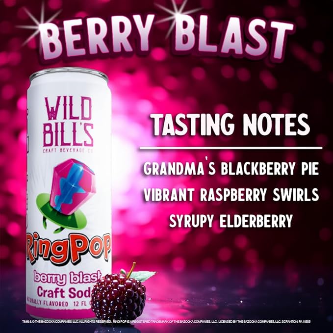 Wild Bill's Berry Blast Ring Pop Craft Soda Pop Soft Drinks – Pure Cane Sugar No HFCS Caffeine Free Vegan Gluten Free Low Sodium Lightly Carbonated - 12 Oz Cans 12 Pack