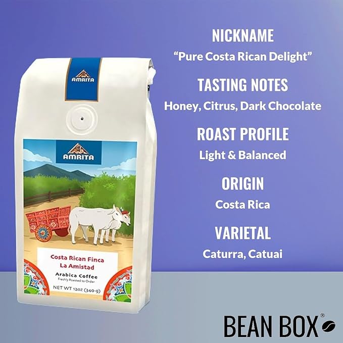 Costa Rican Finca La Amistad - Light - Roasted by Amrita Certified Pure - Whole Bean Coffee - 12 Ounce Bag