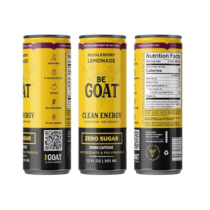 BeGOAT Clean Energy | Zero Sugar Variety Pack | 6 Ingredients Plant-Based Zero Sugar Non-GMO Vegan | 200mg Natural Caffeine | 12 fl oz Cans (Pack of 12)