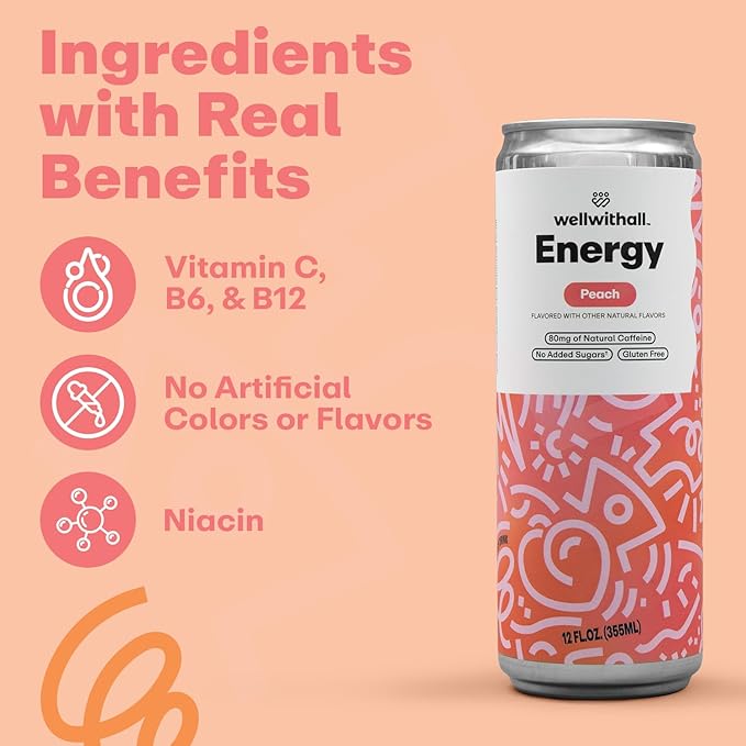 WellWithAll Peach Energy Drink – Caffeine from Tea – With Vitamin C – Lightly Sparkling Beverage – Fruit &amp Veggie Juice Blend – 12 Oz (Pack of 12)