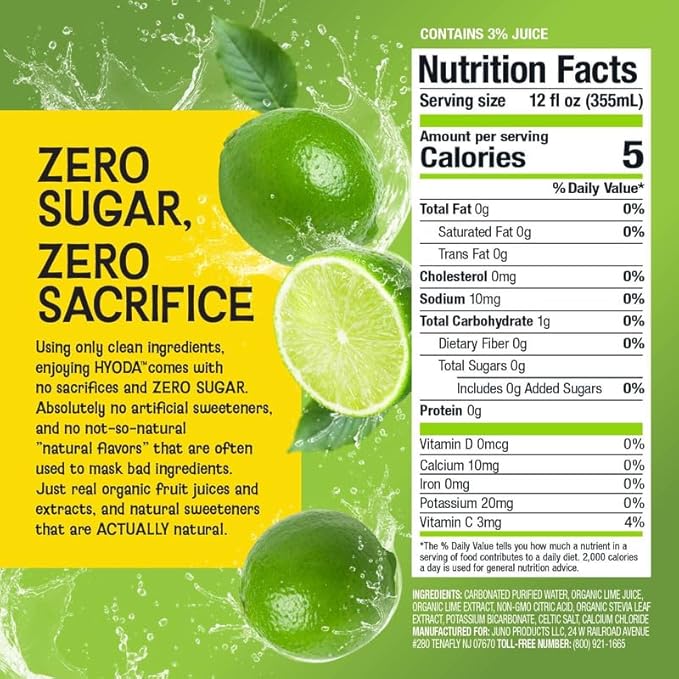 HYODA Limeade Soda Gluten Free and Vegan Sparkling Electrolyte Drink Made with Organic Lime Juice Celtic Salt and Calcium Keto Zero Sugar Plant Based Caffeine Free 12 FL OZ Cans 12 Pack
