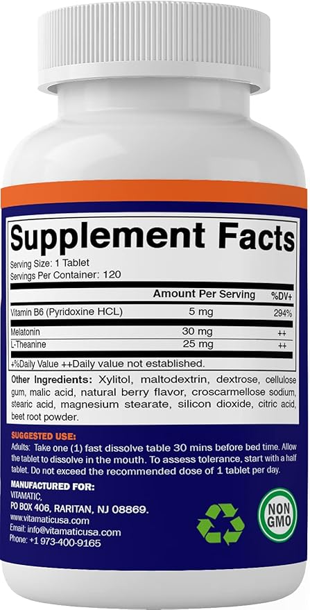 Vitamatic Melatonin 30mg Made with B6 Magnesium L-Theanine L-Tryptophan 5-HTP GABA Valerian Chamomile Passion Flower Ashwagandha &amp Black Pepper
