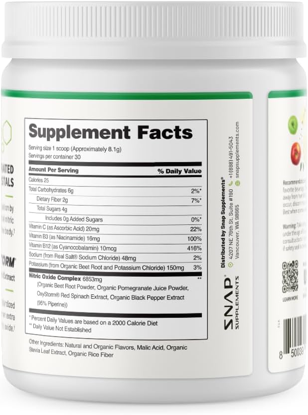 Snap Supplements Organic Beet Root Powder Nitric Oxide Supplement for Men &amp Women Red Spinach &amp Pomegranate Supports Healthy Energy &amp Blood Pressure Already in Normal Range 30 Servings