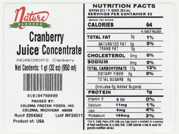 Nature Blessed 100% Pure Cranberry Fruit Juice Concentrate - 2 Quarts (2/32 fl oz bottles) Applications: Home Wine Making Brewing Distilling Hard Cider Smoothies