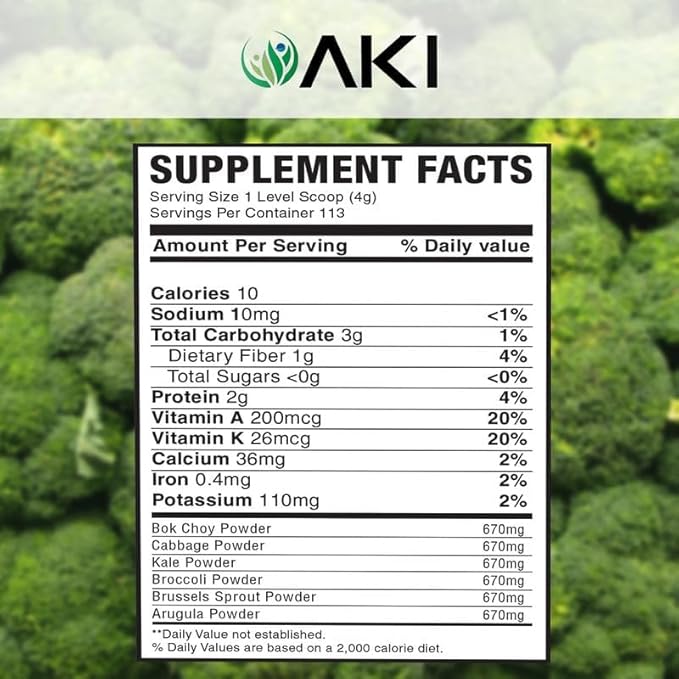 AKI Cruciferous Superfood Green Mix Powder - Made from Kale Broccoli Brussels Sprouts Cabbage - Packed with Essential Phytonutrients &amp Vitamins ((5.3oz/150g))