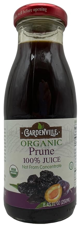 Gardenville Organic Prune Juice (Pack of 12) USDA Organic No Added Sugar U Kosher Certified Pasteurized 8.4 oz Glass Bottles (Prune)