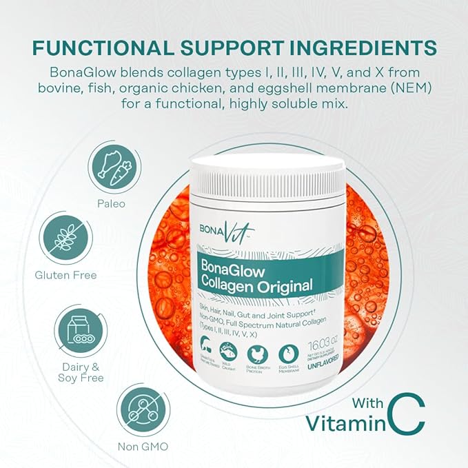 Multi Collagen Peptides - Types I II III IV V &amp X - Premium Hydrolyzed Collagen Powder for Women &amp Men - with Vitamin C Digestive Enzymes &amp Probiotics - 44 servings - BonaGlow Unflavo