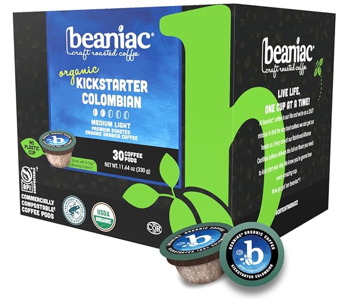 beaniac Organic Kickstarter Colombian Medium Light Roast Single Serve Compostable K Cup Coffee Pods Organic Arabica Coffee Keurig Brewer Compatible 30 Count
