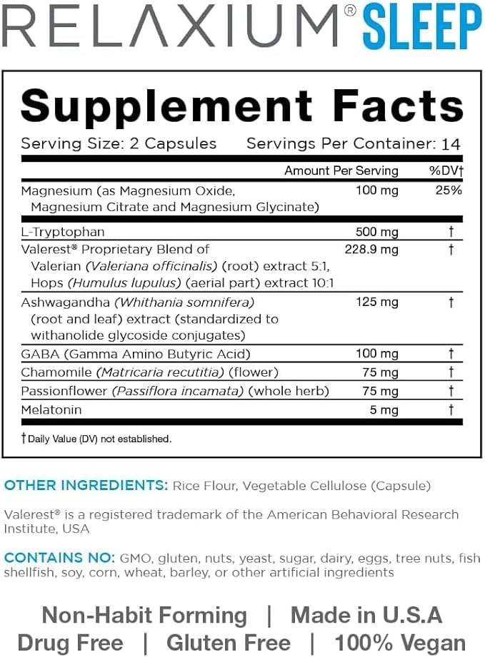 Relaxium Sleep Aid 14-Day Supply Non-Habit Forming Dietary Supplement for Better Sleep Drug-Free Stress Relief with Magnesium Melatonin GABA Chamomile Made in USA (28 Vegan Capsules)