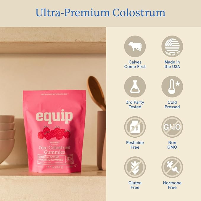Equip Foods Core Bovine Colostrum Gummies - Delicious 1g Per Seving Grass Fed Colostrum Supplement - Gut Health Immunity Recovery Hair &amp Skin - 60 Bovine Colostrum Gummies 30 Servings Raspber