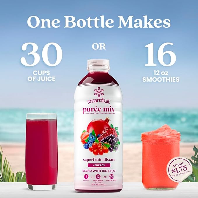 Smartfruit Superfruit All-Stars + Energy – 100% Real Fruit Purée with Blueberry Pomegranate Acai &amp Goji Berries – Great for Smoothies Juice Yogurt Cocktails Teas &amp More – 48oz