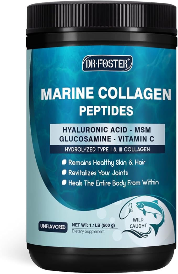 DRFOSTER Marine Collagen Peptides Powder with MSM + GC Multi Type I &amp III Collagen with Hyaluronic Acid Vitamin C &amp E for Skin Hair &amp Nails Wild-Caught Fish 50 Servings
