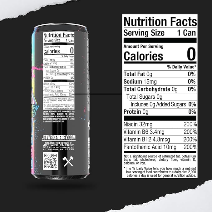 JST WRK Energy Drink - 12-Pack Sugar-Free Zero Calories No Sugar Alcohols 12 Fl Oz. 200 milligrams Caffeine (Unicorn Blood)