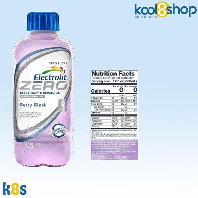 Electrolit Zero Berry Blast Hydration Drink with Electrolytes 21 fl oz Plastic Bottle 9 Pack + 1 Microfiber Cooling Towel by KOOL8SHOP Infinite Deals