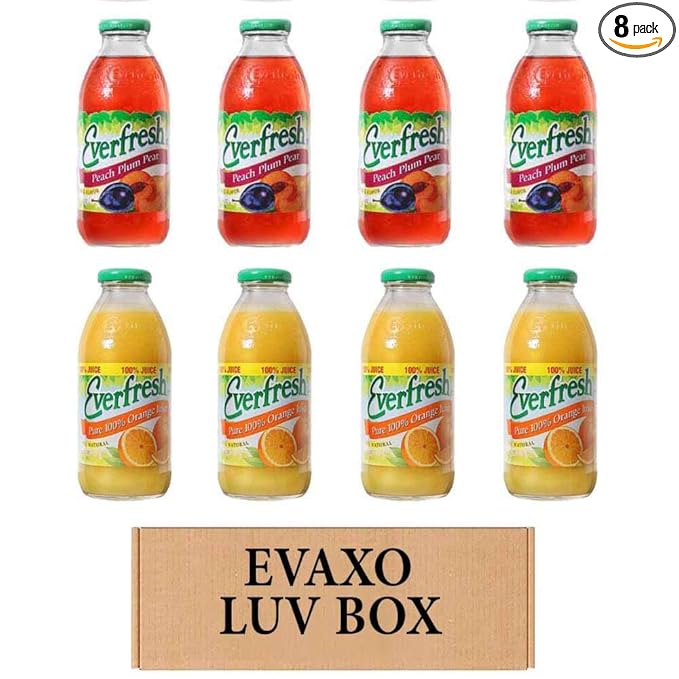 LUV BOX- variety Everfresh Juice 16 oz. pack of 8 Everfresh Peach Plum Pear Everfresh 100% Orange Juice. by evaxo