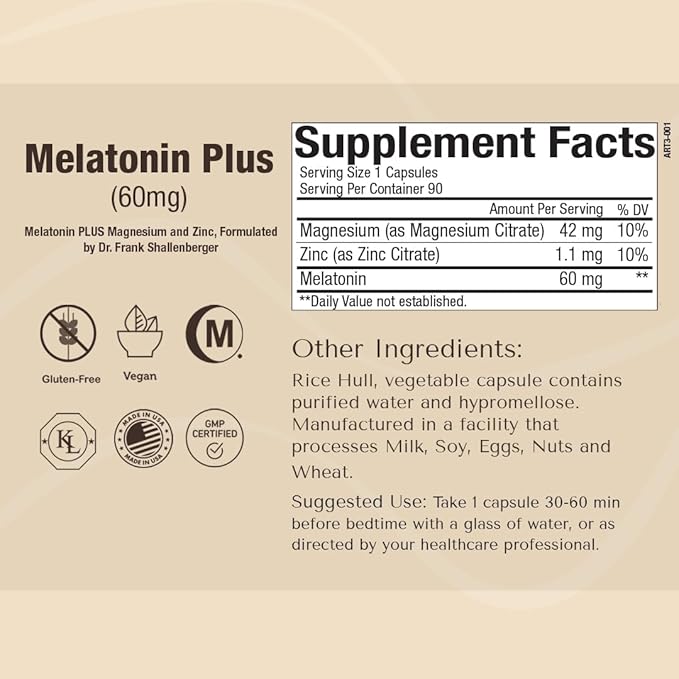 60mg Melatonin Plus Extra Strength High Dose Sleep Supplement 90 Capsules - Veggie Capsules - Fast Acting Formulated by Dr Shallenberger with Zinc &amp Magnesium for Maximum Quick Absorption