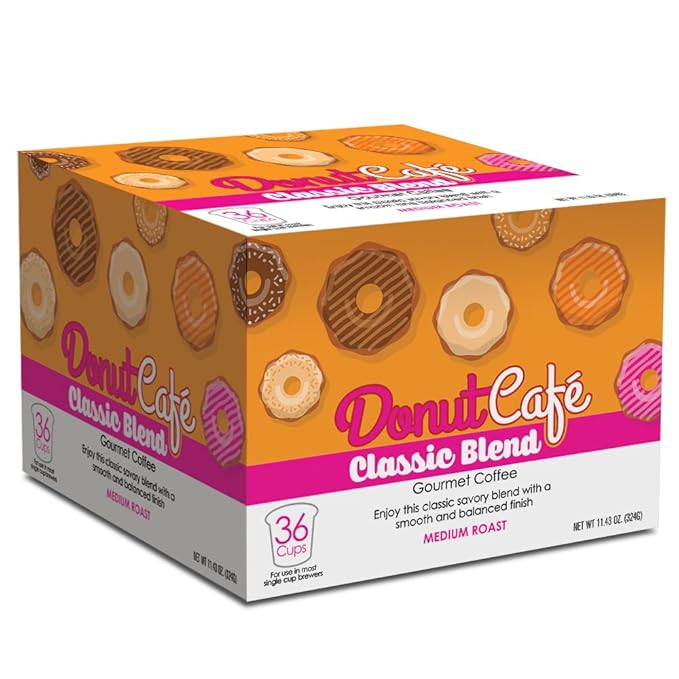 Donut Café - Coffee Gourmet Pods Classic Blend Medium Roast – Non-GMO Gluten Free – Compatible with Keurig K Cup Brewers – Smooth &amp Delicious – 36 Count