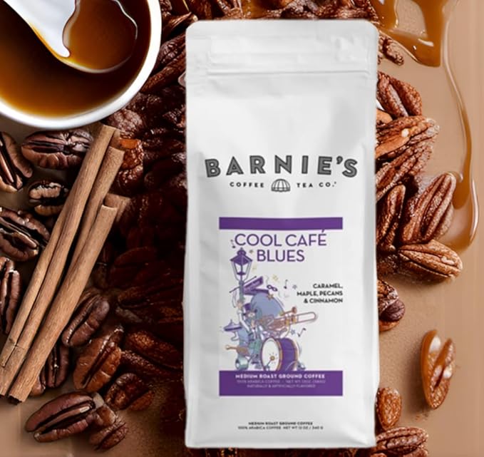 Barnie's Coffee Cool Café Blues Ground Coffee with Caramel Maple Pecan and Cinnamon Rum Flavors Medium Roasted Arabica Beans Gluten Free 12 oz Bag (Pack of 2)