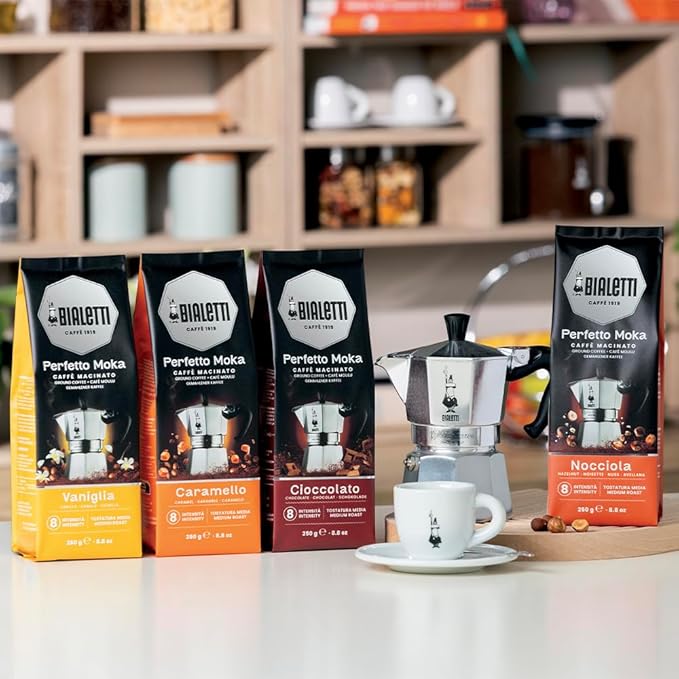Bialetti - Perfetto Moka Vaniglia: Gemahlener Kaffee mit mittlerer Röstung Vanille-Aroma 250g x 6 Beutel mit Aromaventil
