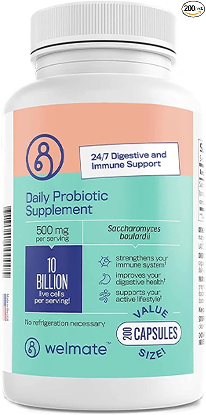 WELMATE - Daily Probiotic Supplement (200 Capsules) Saccharomyces Boulardii 500mg - 24/7 Digestive Support Immune Support - 10 Billion CFU - Over-The-Counter Medication - Vegan Gluten Free Non GMO