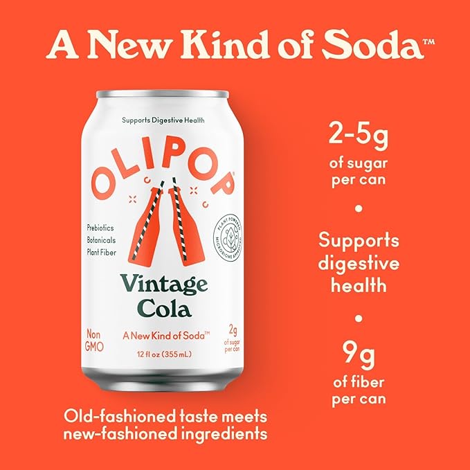 OLIPOP Prebiotic Soda Pop Vintage Cola A New Kind of Soda Packed with Prebiotics Fiber and Botanicals Gluten Free GMO Free 12oz (12-Cans)