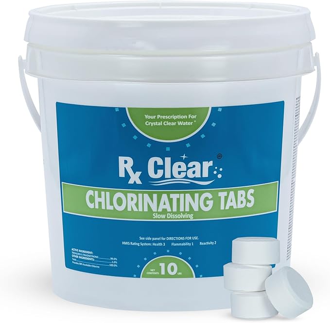 Rx Clear 1 Inch Chlorine Tabs | 10 Pounds | Use Tablets as Bactericide Algaecide &amp Disinfectant in Swimming Pools | Stabilized Long Lasting Slow Dissolving &amp UV Protected