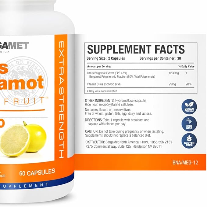 BergaMet Citrus Bergamot Supplement 170:1 Extract 1200mg 80% Polyphenols Italian Citrus Bergamot Supplement 60 Capsules 1 Month Made in the USA