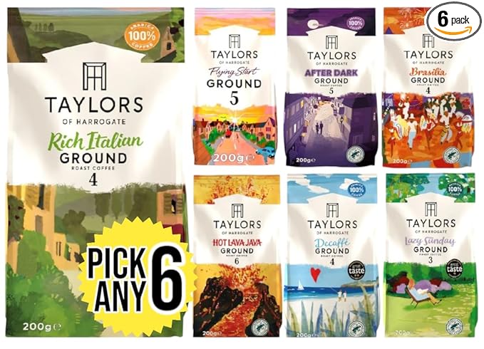 Taylors of Harrogate Ground Coffee (Each Pack 200g) Pick Any 6 from 7+ Flavours Inc. Rich Italian After Dark Hot Lava Java Decaf Lazy Sunday Flying Start and Brasilia