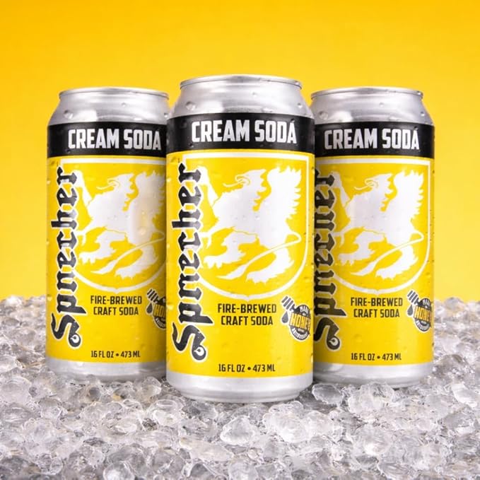 Sprecher Cream Soda in 16 fl oz Cans (12 Pack) Fire-Brewed with Real Honey Rich Vanilla Honey Flavor Handcrafted Caffeine-Free Gourmet Beverage