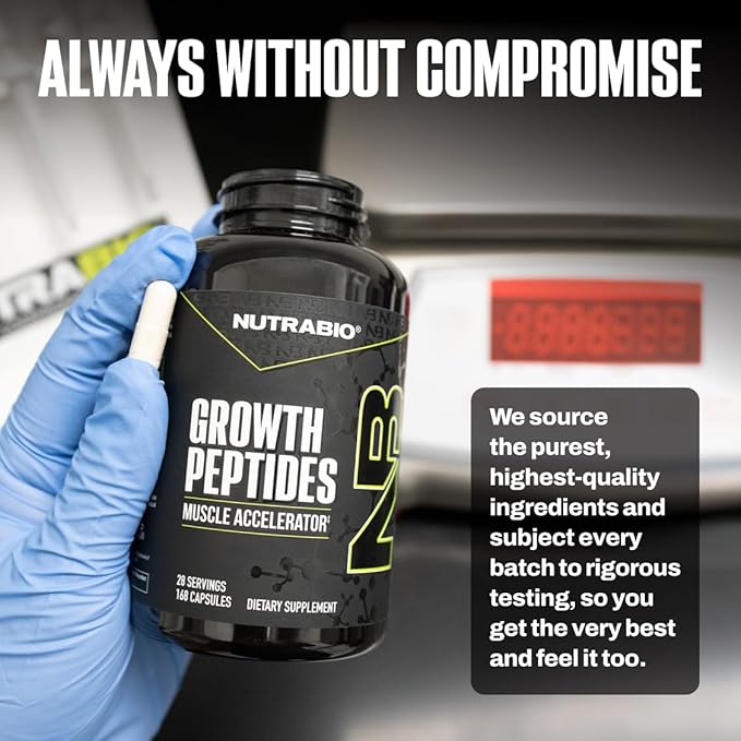 NutraBio Growth Peptides |Muscle Accelerator with DiLeucine &amp PeptiStrong | Peptides for Muscle Growth Men &amp Women- 28 Servings- 196 Capsules