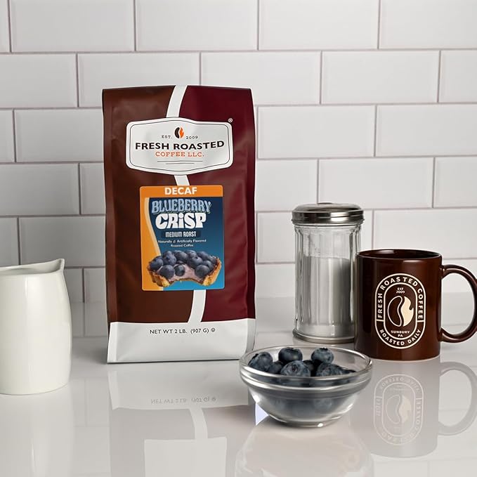 Fresh Roasted Coffee Decaf Blueberry Crisp Flavored Coffee 2 lb (32 oz) Medium Roast Kosher Whole Bean