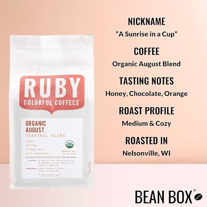 Organic August Blend - Roasted by Ruby Coffee Roasters - Whole Bean Coffee - 5 Pound Bag