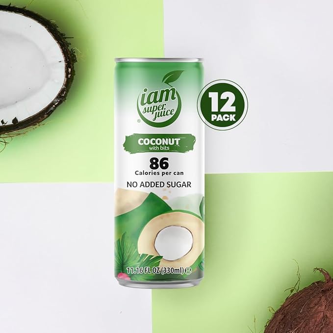 I am Superjuice 100% Coconut Water (With Bits) - Natural Fruit Juice Drink - No Added Sugar or Sweetener - Low in calories (86 per can) - No Preservatives - No concentrate - Naturally Sweet - 12 Pack