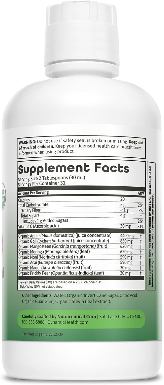 Dynamic Health Moringa Juice Certified Organic Superfruits Acai Goji Mangosteen and Morei Vegetarian Gluten-Free 33.8oz