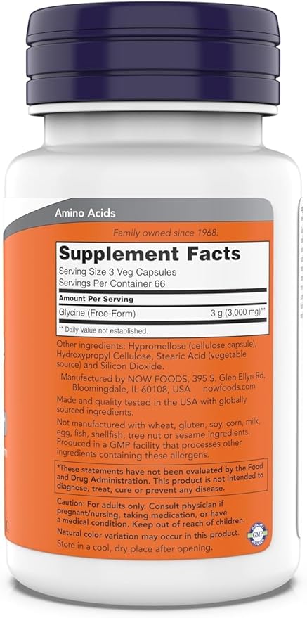 NOW Foods Glycine 1000mg Free-Form Pharmaceutical Grade Neurotransmitter Support* Promotes restful Sleep* Gluten Free Vegan Kosher 200 Vegetarian Capsules (200 Count (Pack of 2))