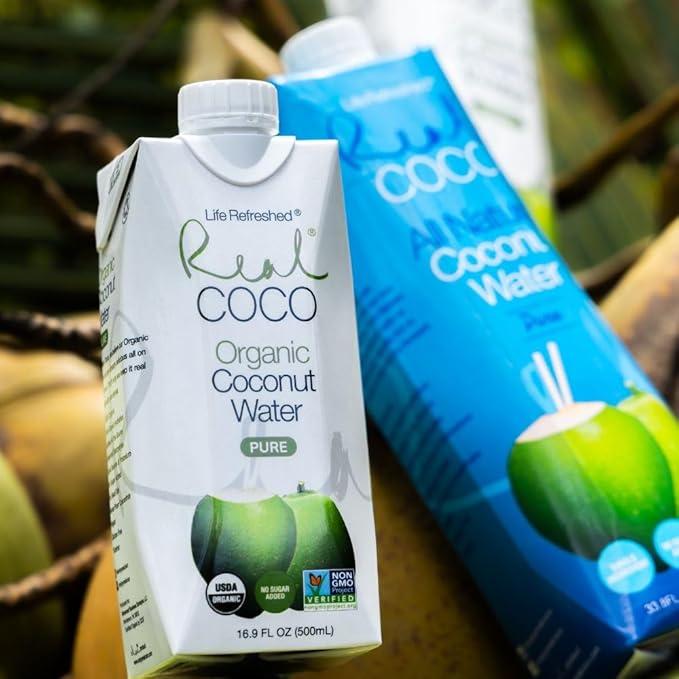 Real Coco Organic Pure Coconut Water 500mL 100% USDA Organic Coconut Water Packed with Electrolytes Dairy/Soy Free Vegan Plant Based (12-pack 500L) *PACKAGING MAY VARY*
