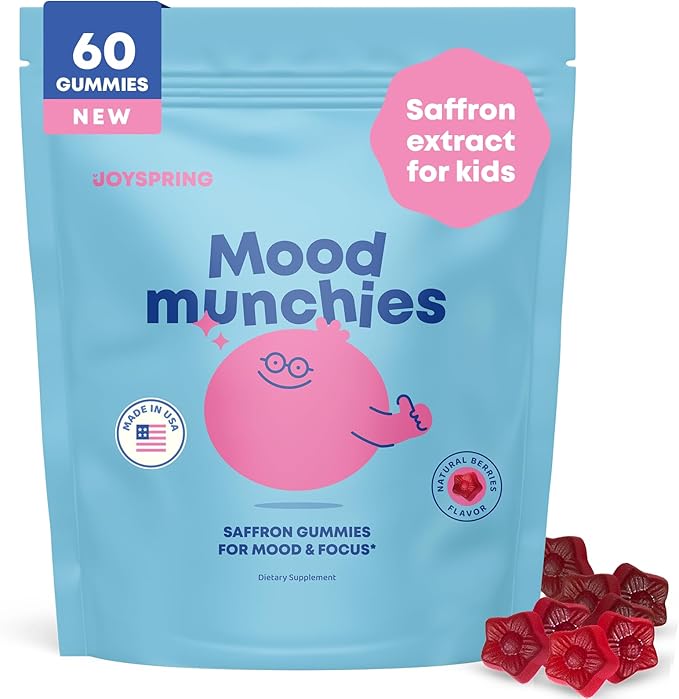 JoySpring Mood Munchies Saffron Gummies for Kids 4+ | Saffron Extract Supplement with GABA Passion Flower &amp St Johns Wort | Sugar Free Vegan Brain Support &amp Kids Focus Gummies | Crafted in US